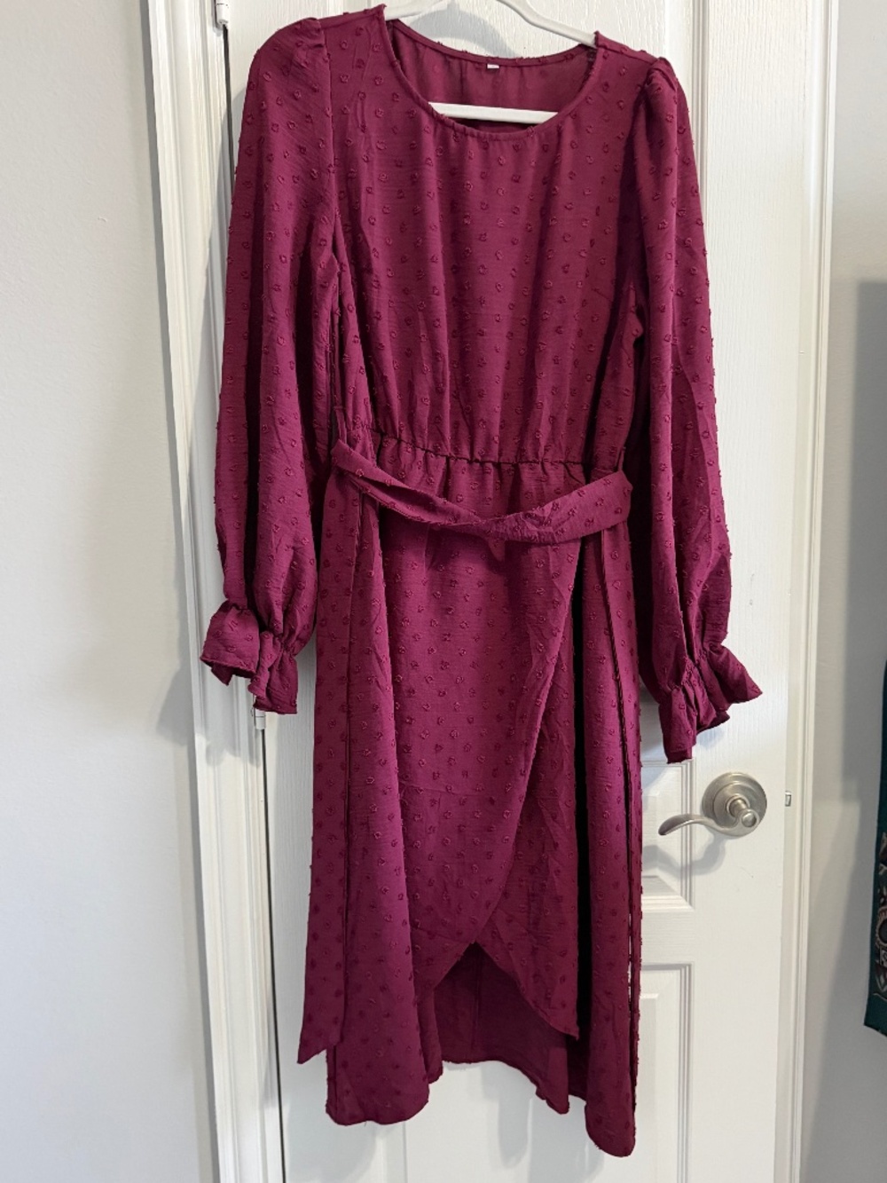 Burgundy Swiss Dot Long Sleeve Faux Wrap Dress - Size L